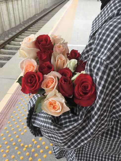 A person holding a bouquet of fresh roses at Finchley Central station. The bouquet features a mix of red, pale peach, and white roses, arranged with green foliage. The roses are fully bloomed, with ve